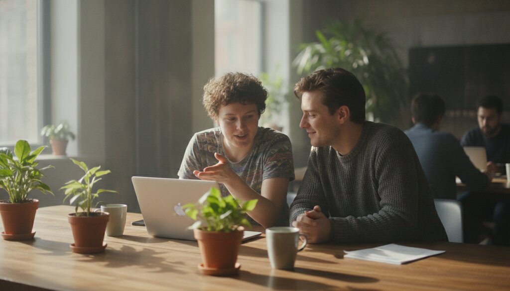 Twee open source-onderhouders overleggen over code achter een laptop