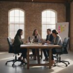 HR-team overlegt aan een houten tafel in een kantoor met bakstenen muren