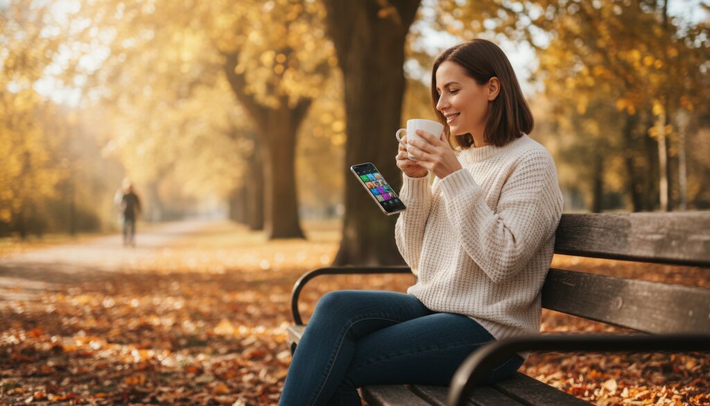 Vrouw op een parkbankje bladert door foto's op haar telefoon