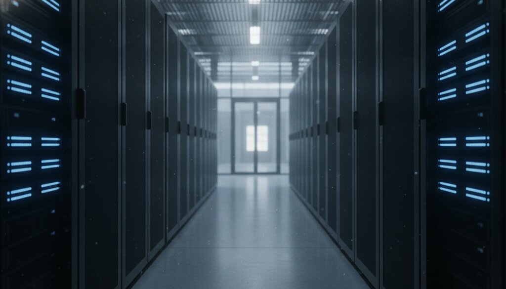 Gang in een serverruimte met rijen racks en blauwe indicatielampjes