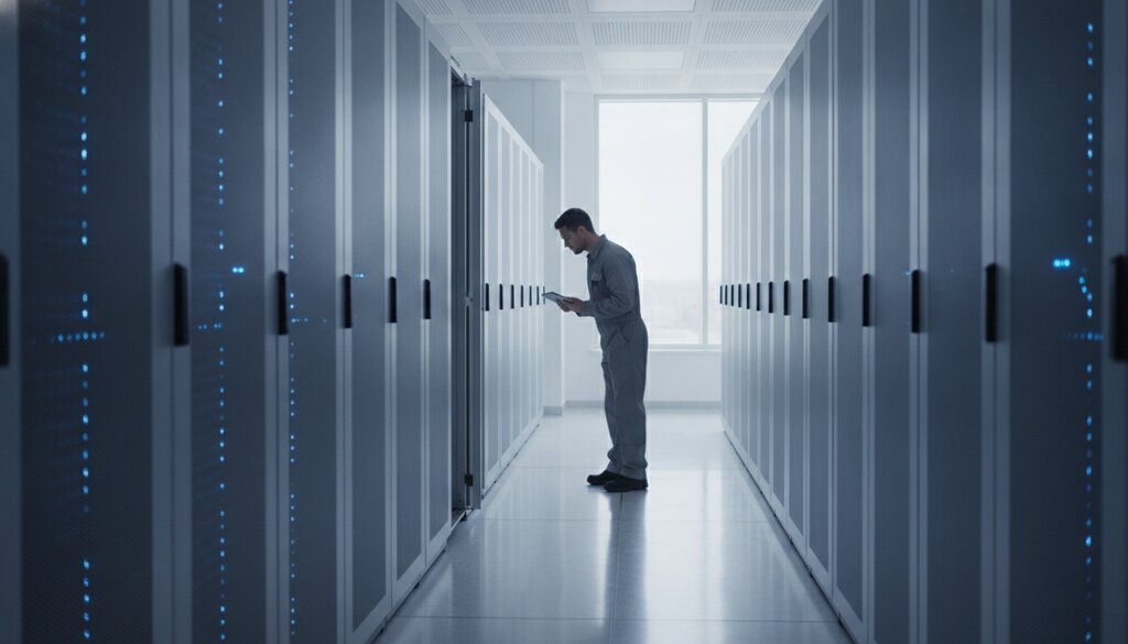 Technicus controleert serverracks in een nieuwe serverhal