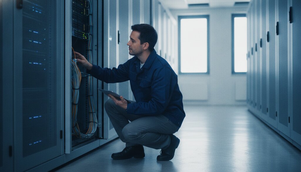 Technicus controleert serverracks in een lichte serverhal