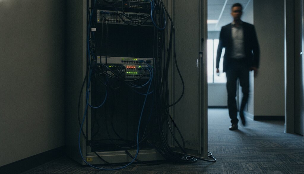 Serverrack met netwerkkabels in de gang van een mediabedrijf