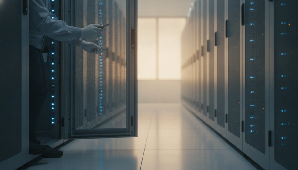 Technicus werkt in een gangpad tussen serverkasten