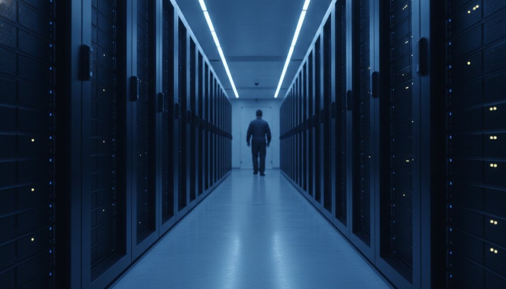 Gang tussen serverkasten in een datacenter met blauw licht