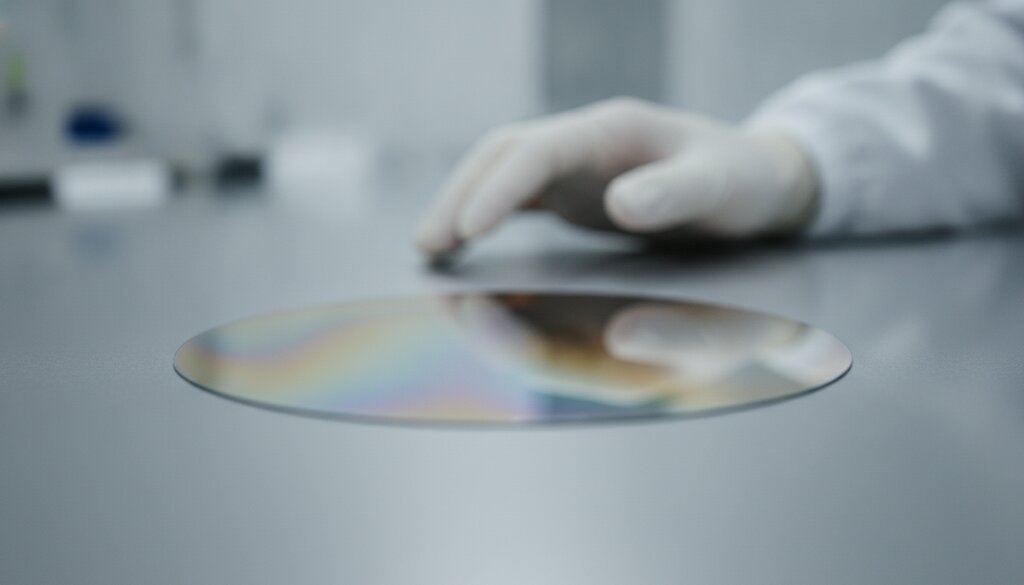 Gepolijste silicium-wafer op een cleanroom-werkbank met zachte reflecties