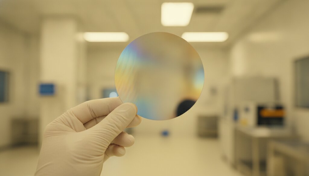 Hand in handschoen houdt een siliciumwafer vast in een cleanroom