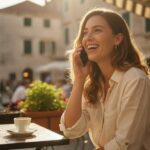 Vrouw op een terras praat tegen haar smartphone