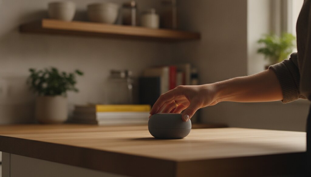 Hand pakt een kleine draagbare speaker van een keukenblad