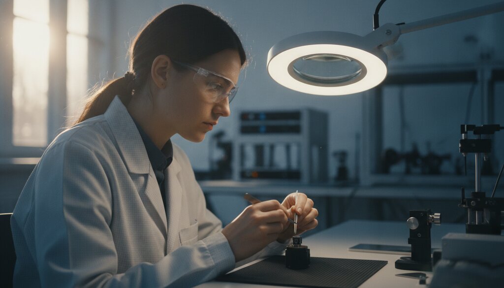 Technicus inspecteert een klein cameramodule in een optisch lab