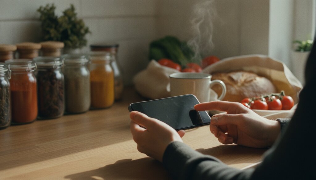 Handen met smartphone boven een aanrecht met kruidenpotjes