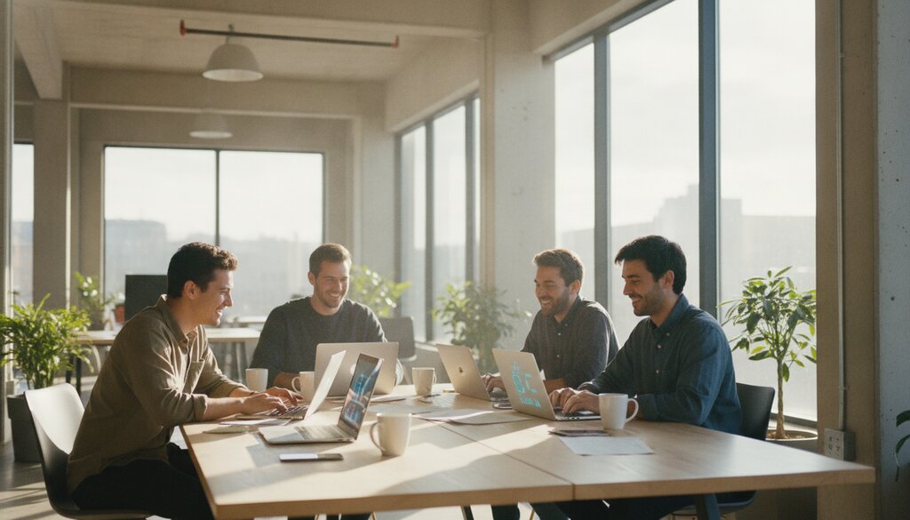 Team van ontwikkelaars overlegt met laptops aan een tafel in een lichte werkruimte