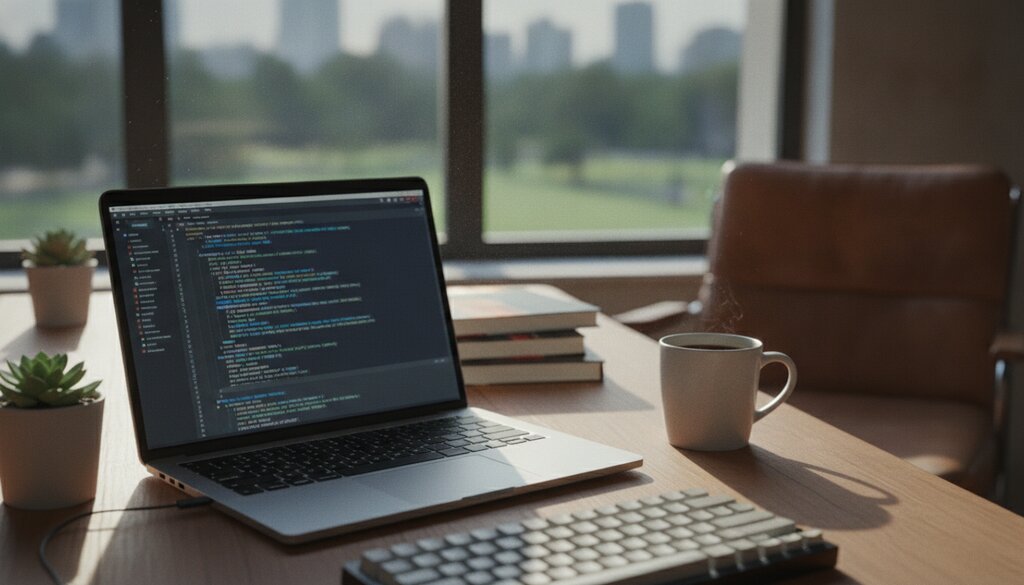 Werkplek van een ontwikkelaar met laptop en koffie bij een raam
