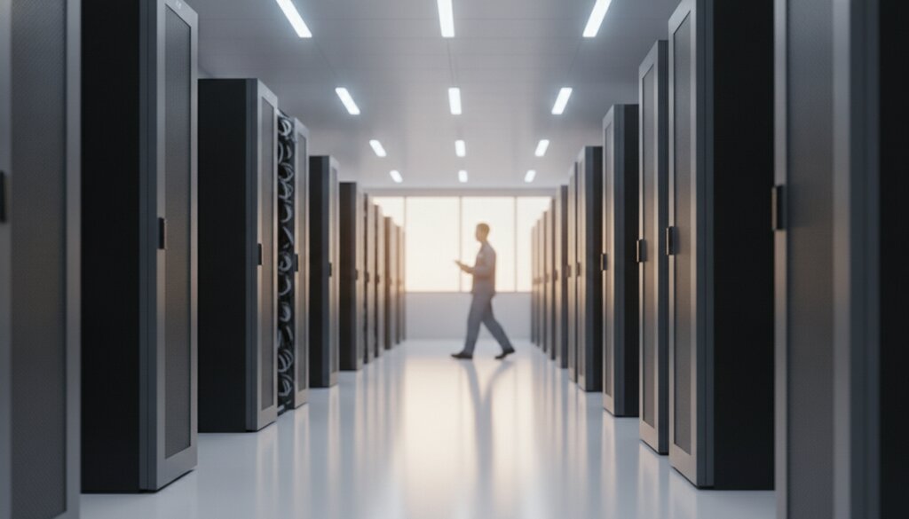 Technicus loopt langs serverrekken in een datacenter