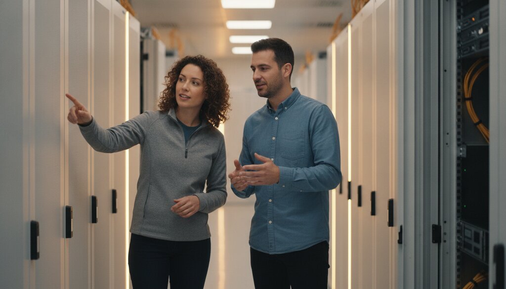 Twee technici bekijken samen serverracks in een datacenter