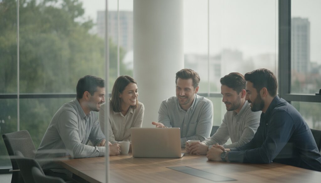 Klein softwareteam overlegt rond een laptop in een vergaderruimte
