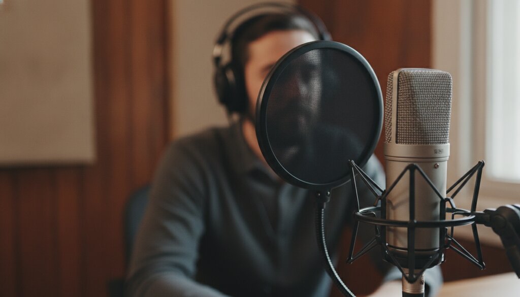 Studiomicrofoon met popfilter, op de achtergrond een onderzoeker met koptelefoon