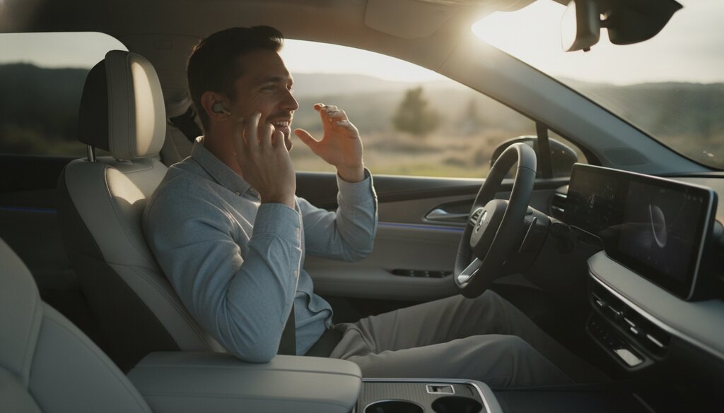 Bestuurder praat handsfree met een spraakassistent in de auto