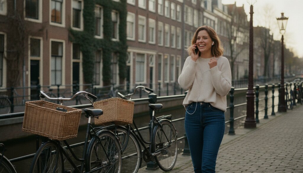 Vrouw met oortjes belt lachend langs een Europese gracht met fietsen