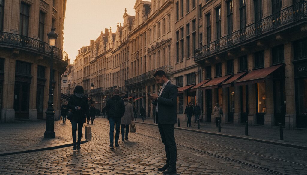 Straat in Brussel met voorbijgangers, man kijkt op zijn telefoon