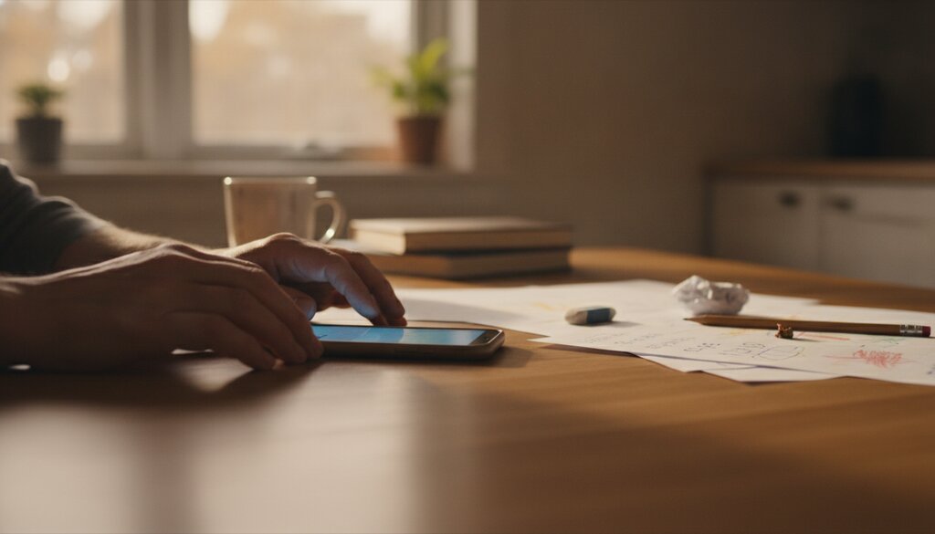 Telefoon op een keukentafel naast huiswerkpapieren in avondlicht