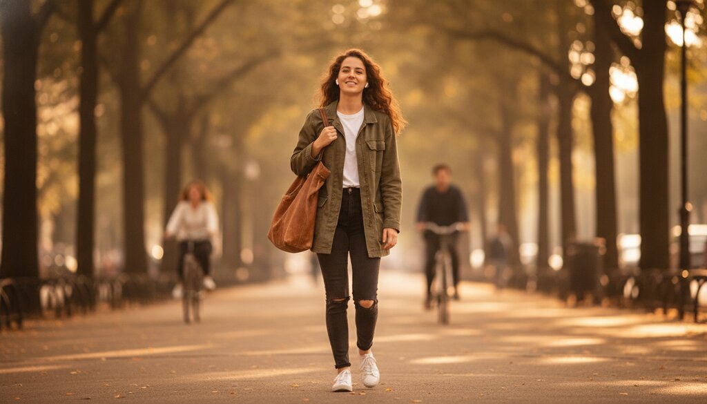 Vrouw wandelt buiten met oordopjes in en praat handsfree