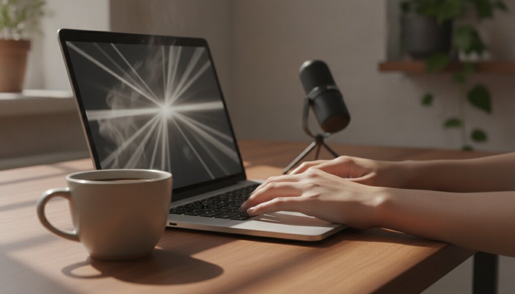 Laptop en klein microfoontje op een houten tafel in een thuiskantoor met ochtendlicht