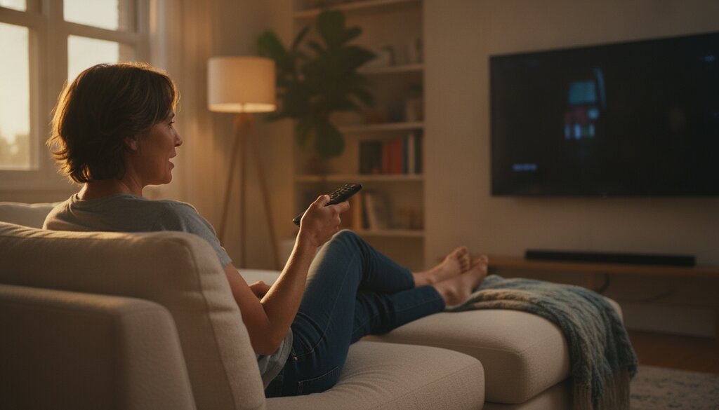 Iemand ontspant op de bank en praat tegen de tv met een afstandsbediening in de hand