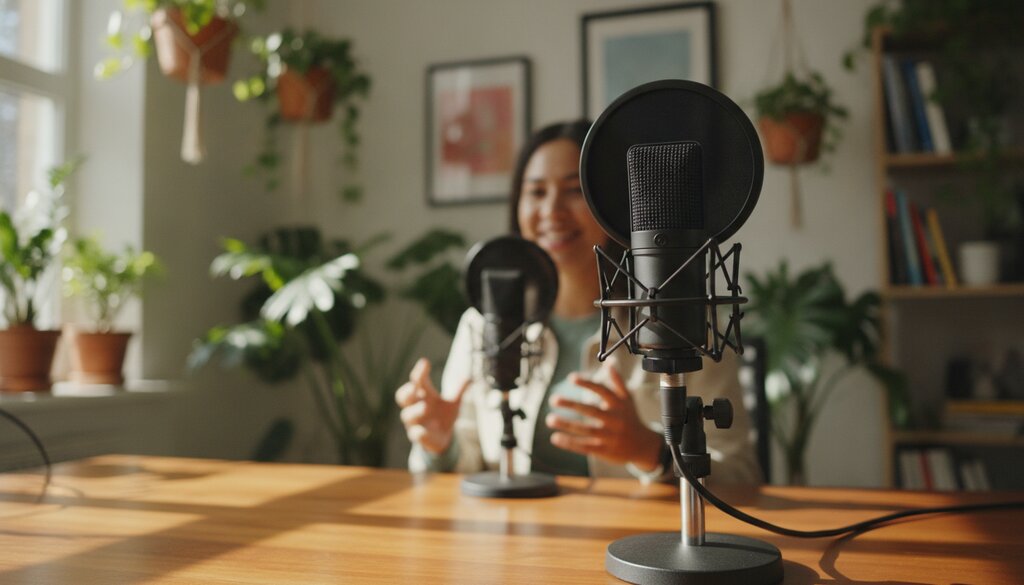 Studiomicrofoon op een houten bureau met een spreker op de achtergrond