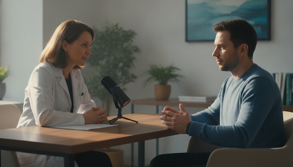 Arts in gesprek met een patiënt, met een microfoon op tafel