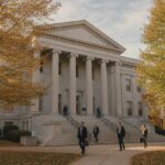 Gerechtsgebouw van een Amerikaanse staat met zuilen in herfstlicht