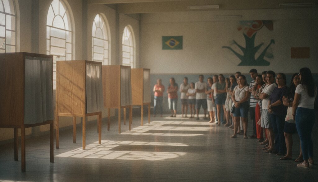 Kiezers wachten in een stembureau met houten stemhokjes in Brazilië