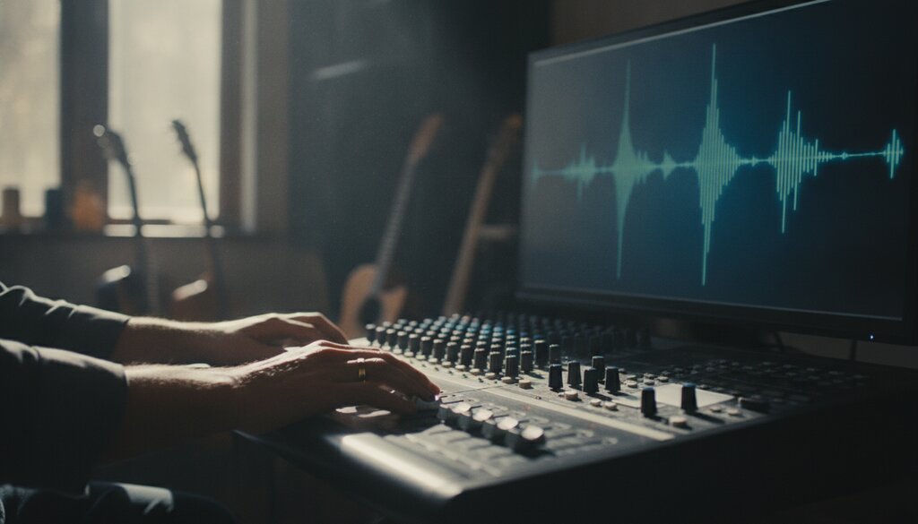 Geluidstechnicus bedient een mengpaneel in een lichte opnamestudio