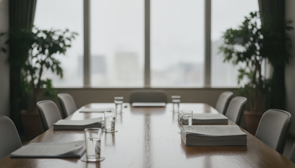 Lege vergaderzaal met documenten op tafel bij daglicht