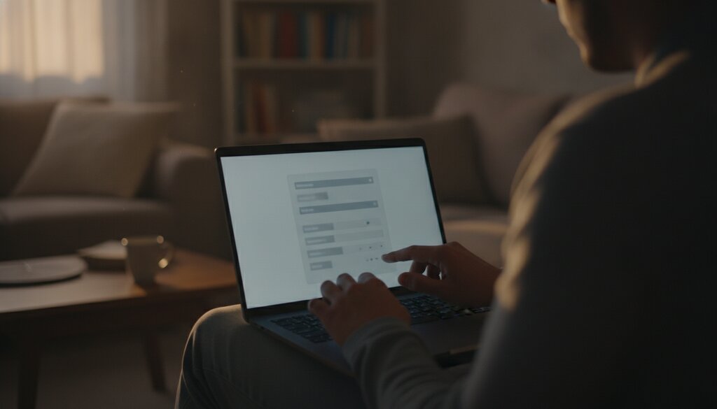 Iemand doorloopt de privacyinstellingen op een laptop in de avond