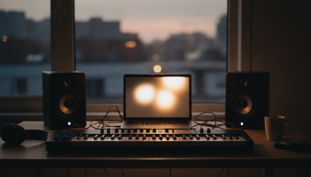 Thuisstudio met keyboard, monitors en laptop in avondlicht