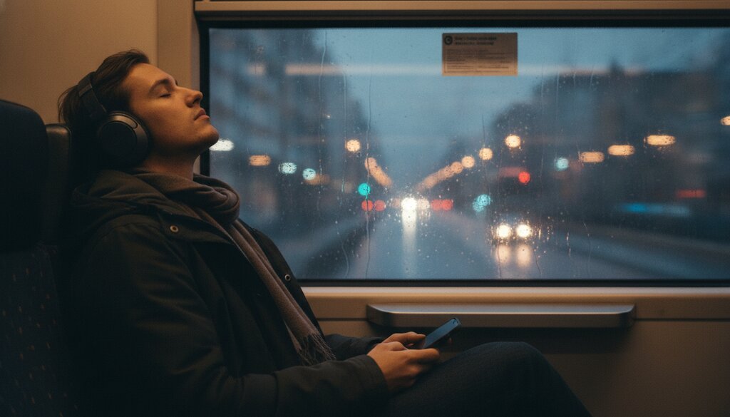 Reiziger met koptelefoon luistert naar muziek in de trein