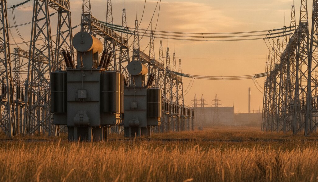 Hoogspanningsstation bij een industrieterrein in avondlicht