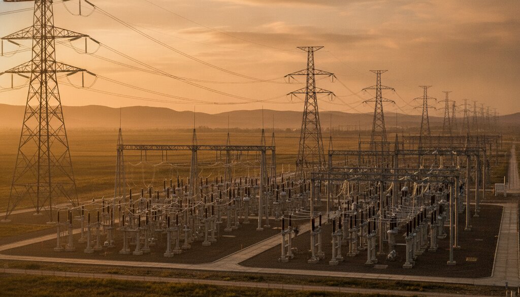 Elektriciteitsstation en hoogspanningsnet in het avondlicht