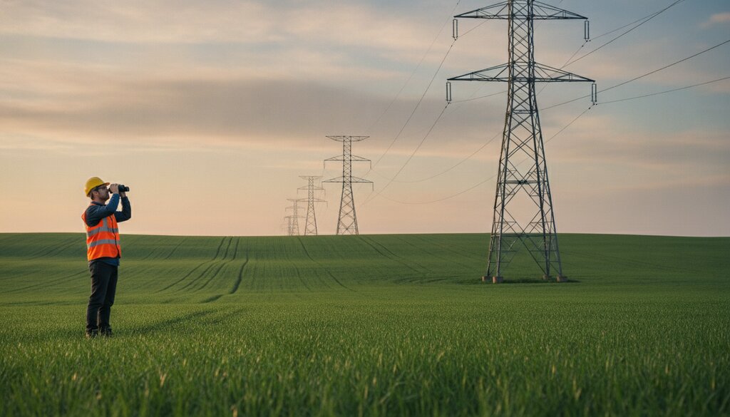Hoogspanningsmasten boven boerenland met een technicus op de voorgrond