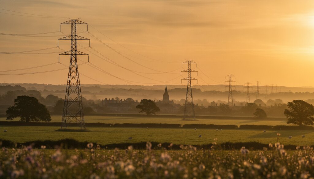 Hoogspanningsmasten in het Engelse platteland bij zonsopkomst
