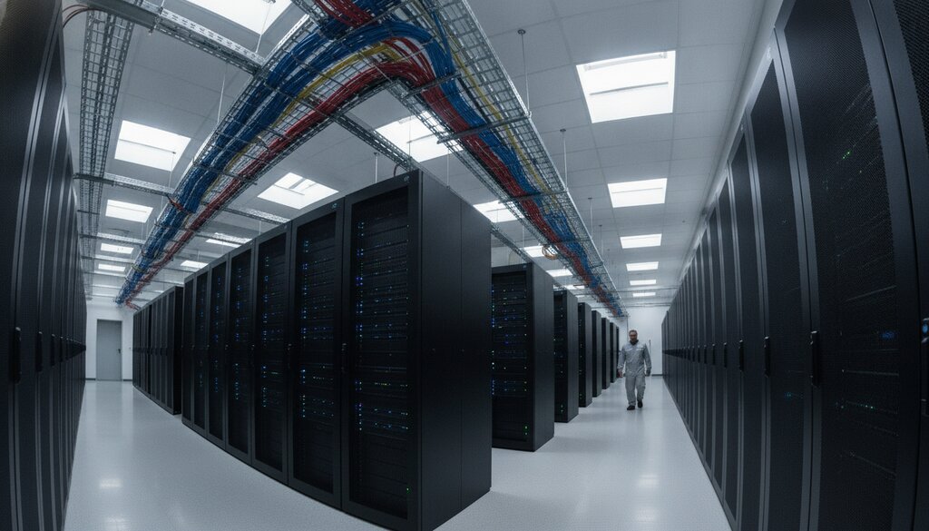 Gangpad tussen serverkasten in een datacenter met stroomkabels aan het plafond