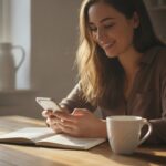 Vrouw aan de keukentafel stuurt een bericht naar haar AI-assistent op haar telefoon