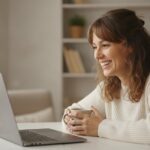 Vrouw voert een videogesprek op een laptop in een lichte thuiskamer