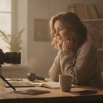 Videomaker in een thuisstudio met camera en ringlamp kijkt naar haar laptop