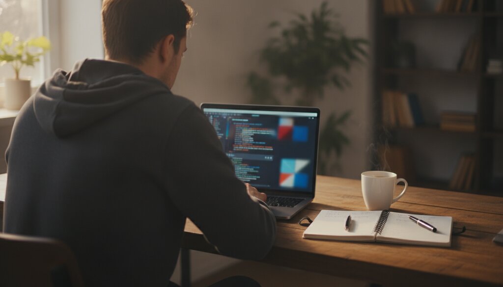 Ontwikkelaar werkt met laptop en notitieboek aan een houten bureau