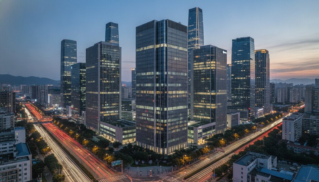 Skyline van moderne kantoortorens in de avond, symbool voor Chinese techbedrijven