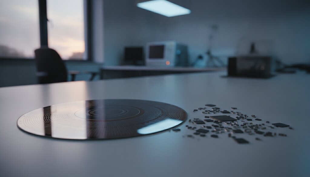Close-up van een chipwafer en processoronderdelen op een werkbank