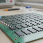 Close-up van een printplaat met geheugenchips op een werkbank