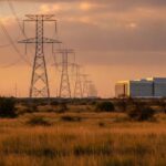 Hoogspanningsmasten op de Texaanse prairie met een datacenter op de achtergrond